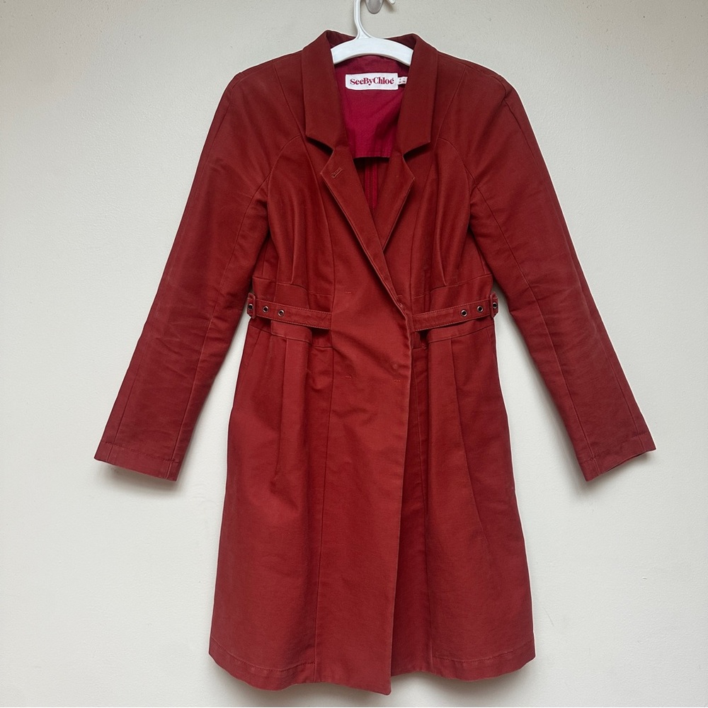 See by Chloé Coat Cotton Belted Rust Red Size 2 - Picture 16 of 17